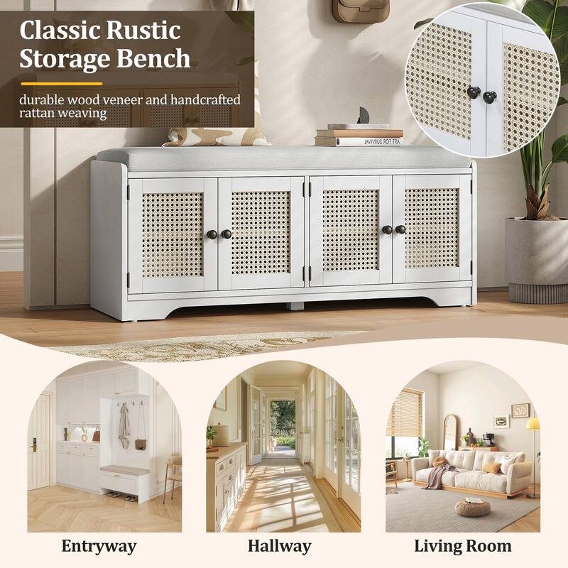Rustic Storage Bench with Removable Cushion, Woven Rattan Doors & Adjustable Shelves