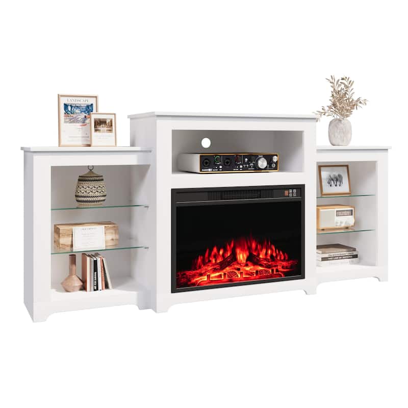 32" H Fireplace TV Stand, 55/70 Inch Media Console for TVs up to 80", Remote, Storage & LED Lights