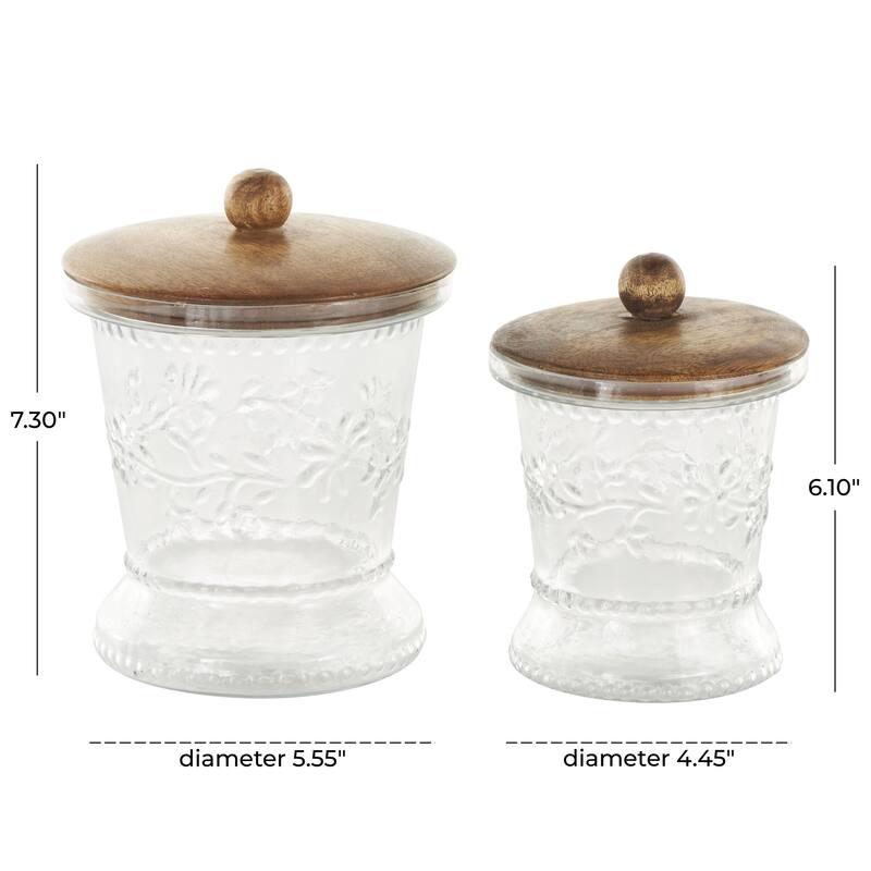 Glass Floral Beaded Living Room Decorative Jars with Brown Wooden Lids and Round Knobs - Set of 2 Clear - Roche River Decor