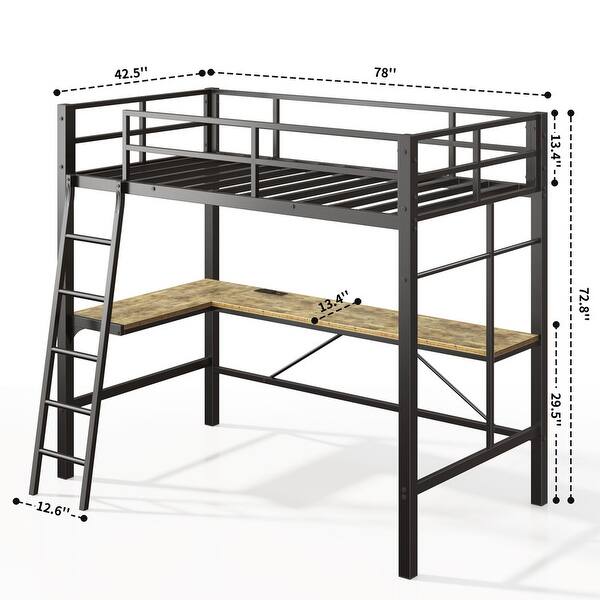 dimension image slide 1 of 2, Black Metal Twin Loft Bed with L-Shaped Desk,Charging Station,Safety Guard,Ladder