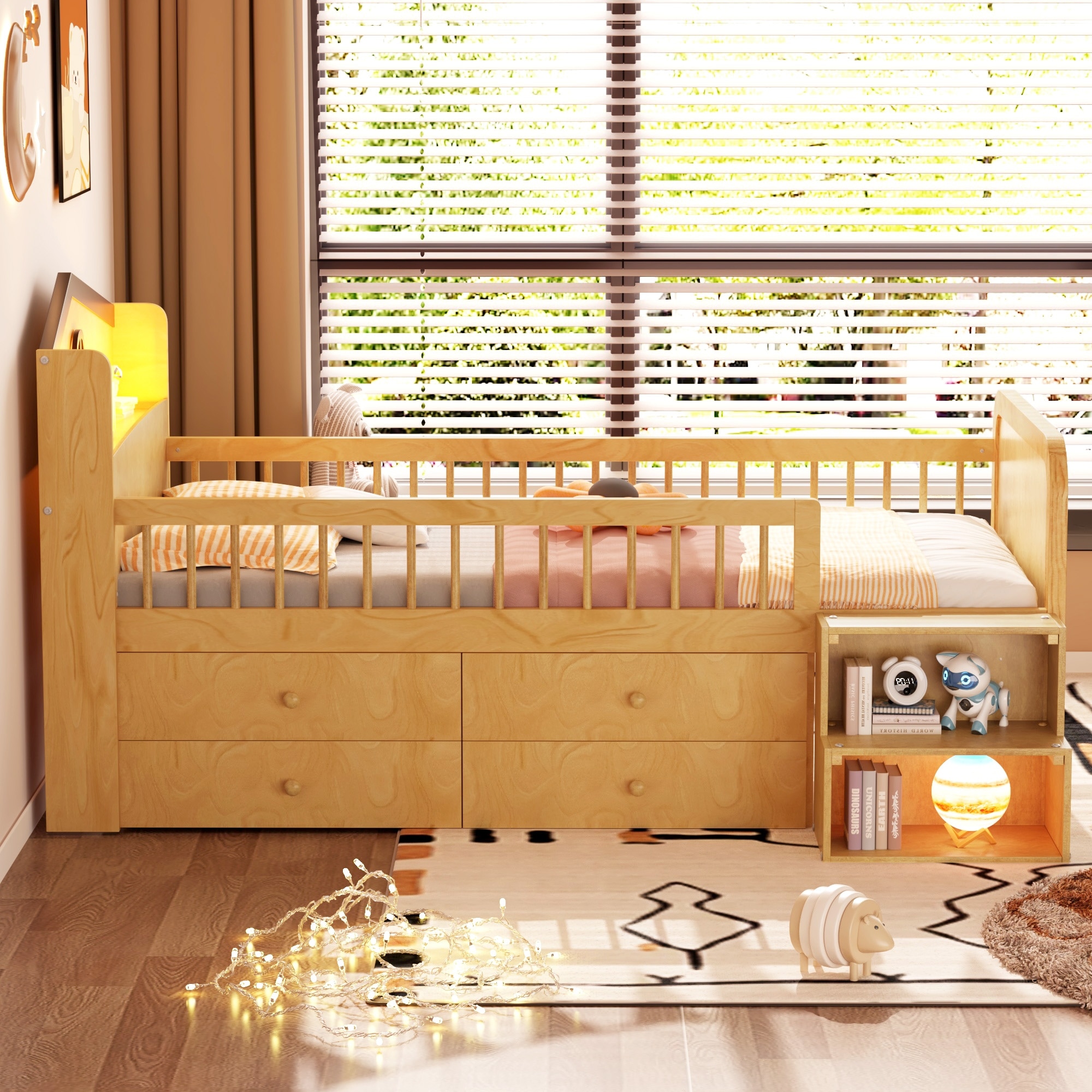 Twin Size Low Loft Bed with House Shape Headboard & Guardrail, LED Pine Wood Bed Frame with Storage Drawers for Kids Girls Boys