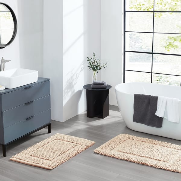 IVORY Sophie Border Ultra-plush Chenille Non-Slip Cotton Bath Mat (Set of 2) - 17 x 24 / 20 x 32 - Ivory