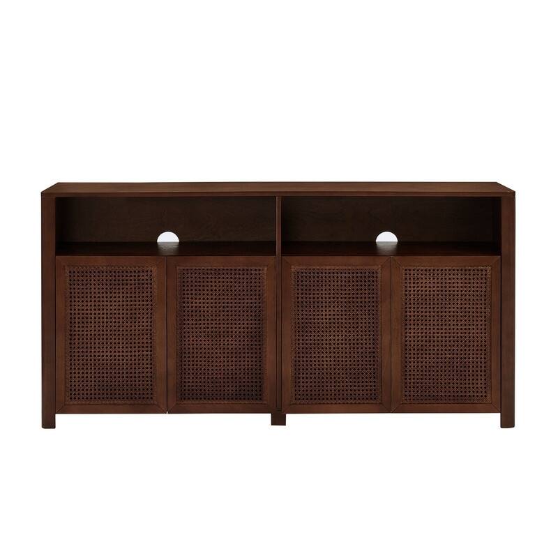Mid Century Modern 63" Wide 4 - Cane Rattan Door Storage Sideboard with Open Shelf, Wine Bar Credenza for Living Room Entryway