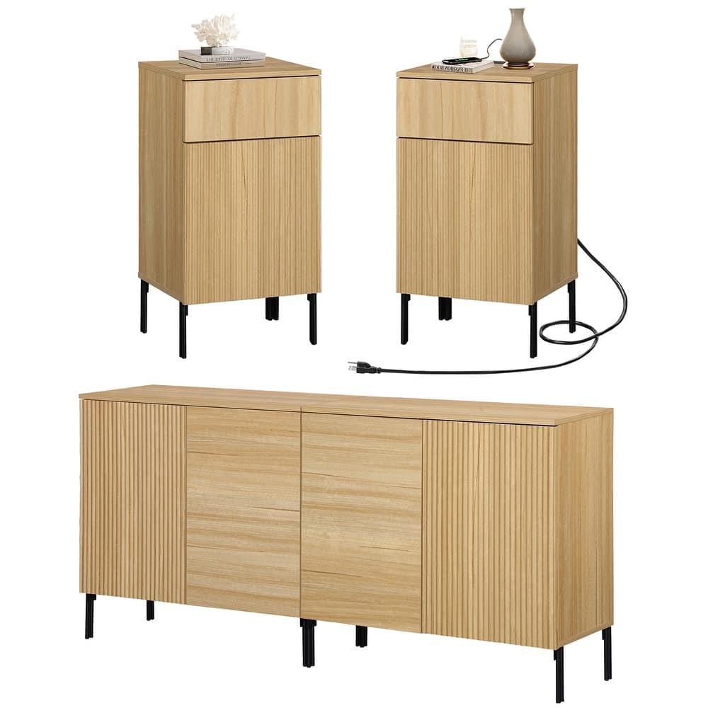 4 Pcs Bedroom Set，Reeded Dresser and Nightstand Sets for Bedroom,Wooden Night Stand of 2 with Charging Station