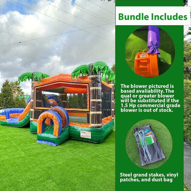 XJUMP Tropical Commercial Grade Inflatable Water Slide Bounce House Combo with Attached Splash Pool (with Air Blower)