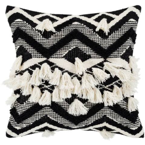 Spectre Black & Cream Bohemian Tassel Throw Pillow Cover (18" x 18")