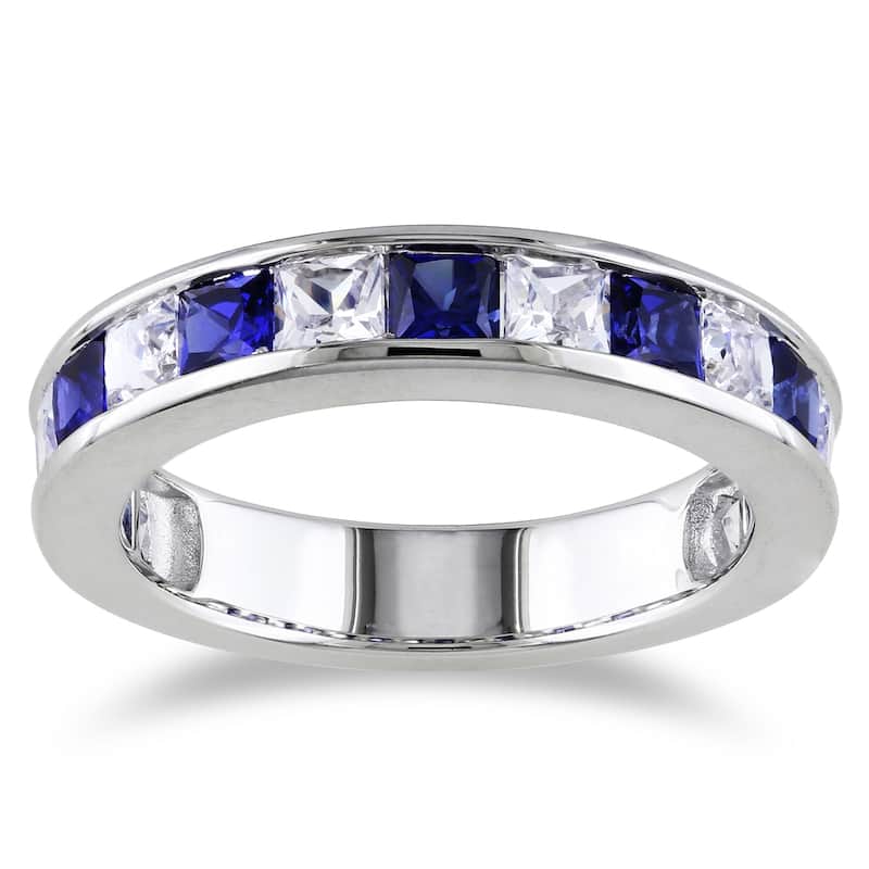 Miadora Sterling Silver 2 1/3ct TGW Square-cut Created Blue and White Sapphire Stackable Anniversary