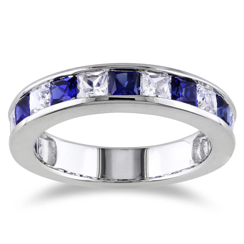 Miadora Sterling Silver 2 1/3ct TGW Square-cut Created Blue and White Sapphire Stackable Anniversary