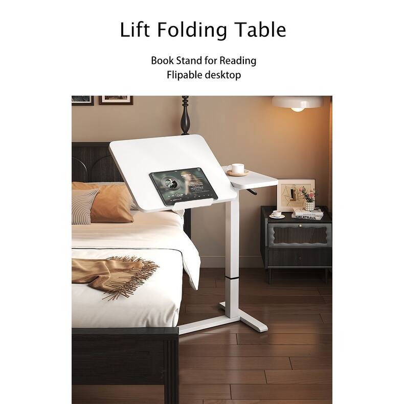 Anmytek Height Adjustable Mobile Overbed Desk with Tilting Top and Wheels White - M