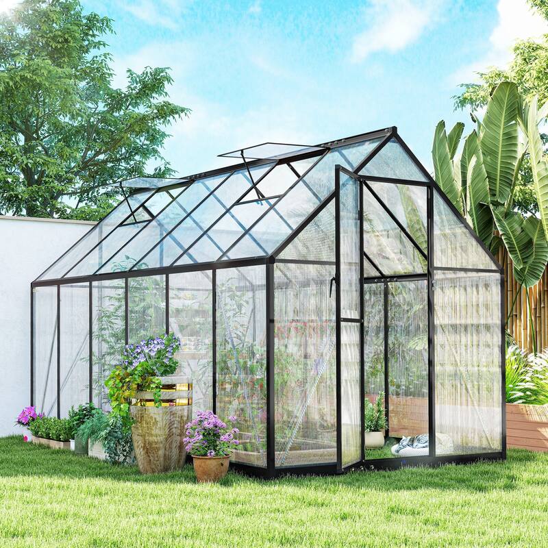 Outsunny 11x6 ft Polycarbonate Greenhouse with Swing Door and Two Adjustable Roof Vents, Aluminum Walk-in Greenhouse - Grow Tent