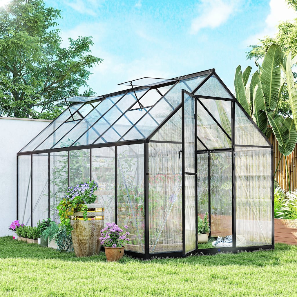 Outsunny 11x6 ft Polycarbonate Greenhouse with Swing Door and Two Adjustable Roof Vents, Aluminum Walk-in Greenhouse