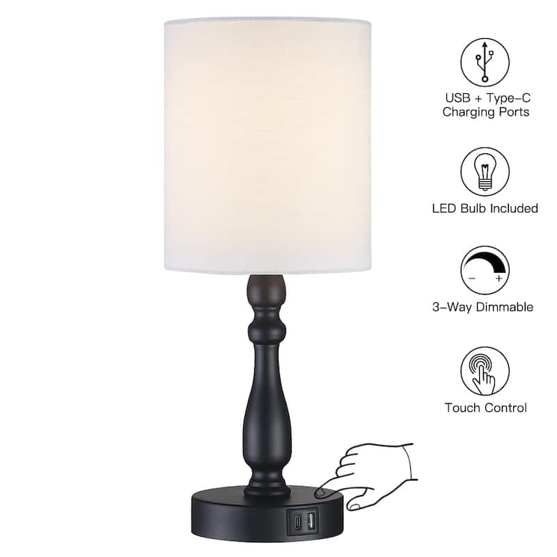 3-Way Dimmable Touch Control Small Table Lamp with USB Port - Small - Black