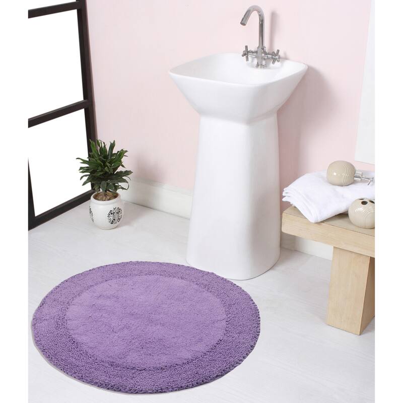 Double Ruffle Cotton Bathroom Rug, Water Absorbent Bath Rug, Non Slip Shower Rug Machine Washable 28" Round - Purple