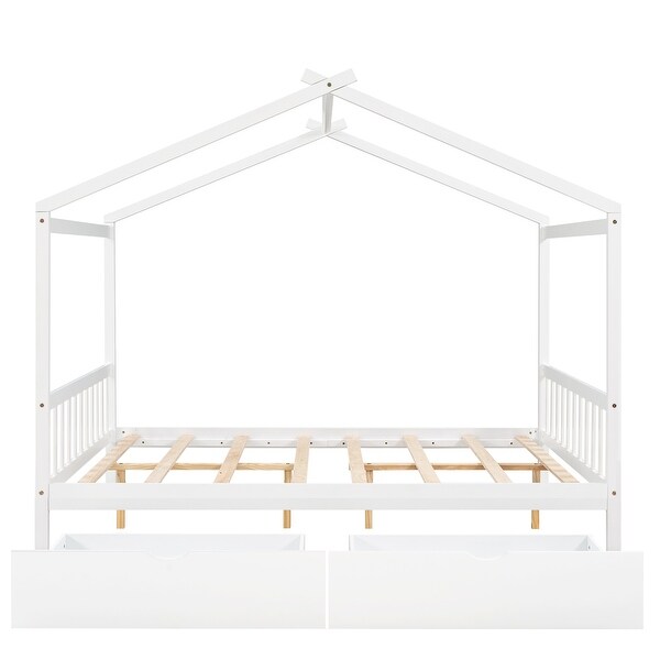 Full Size House Platform Kids Bed with Two Storage Drawers