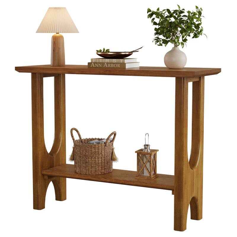 2-Tier Console Table with Shelf, Entryway Table with Solid Wood Legs