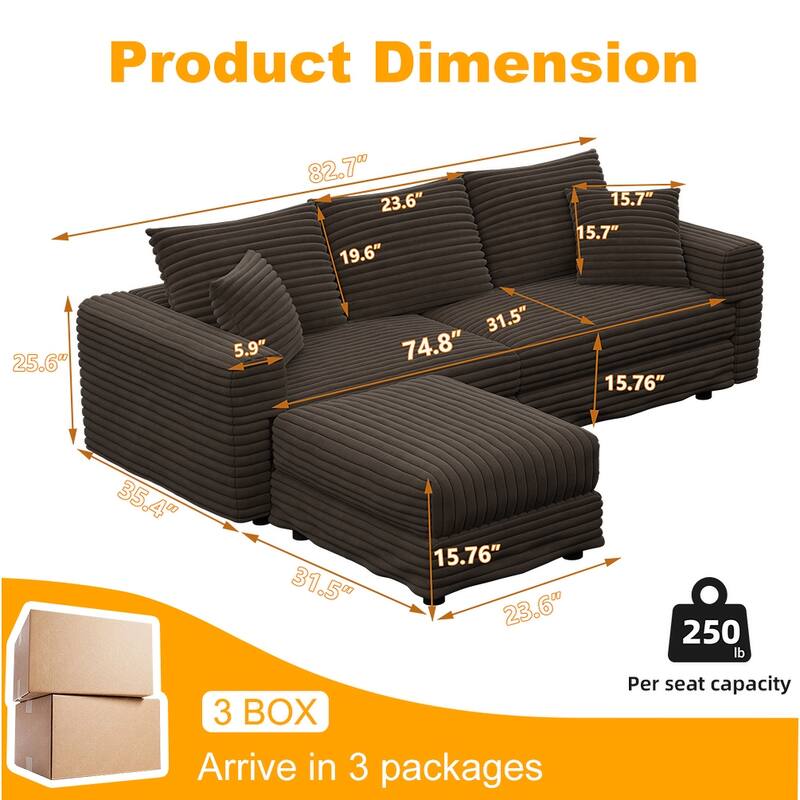 Modular Sectional Sofa with Ottomans, Oversized Corduroy Upholstered Cloud Sofa, Convertible Boneless Deep Seat Couch