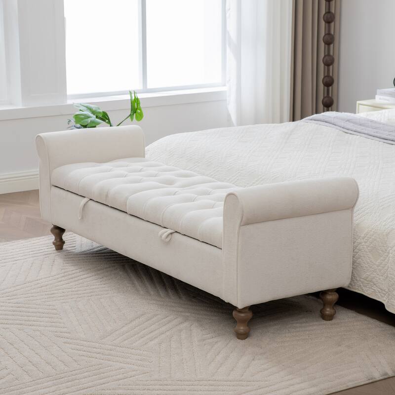 Beige End of Bed Bench Storage Bench with Armrests, Rustic Upholstered Bench Indoor Bench Window Bench