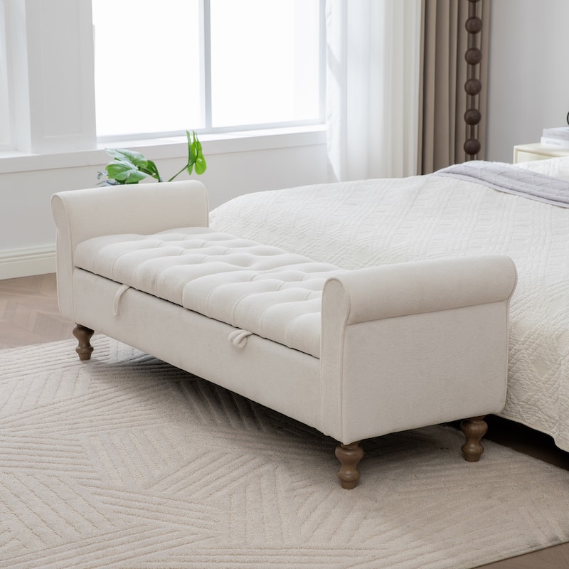 Large Storage Ottoman Bench, End of Bed Bench with Rolled Arms, Wood Legs, Button Tufted Storage Bench with Double Lids