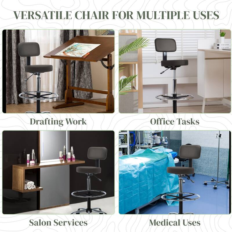 Height Adjustable Drafting Stool - With Premium Leather, Rolling Wheels
