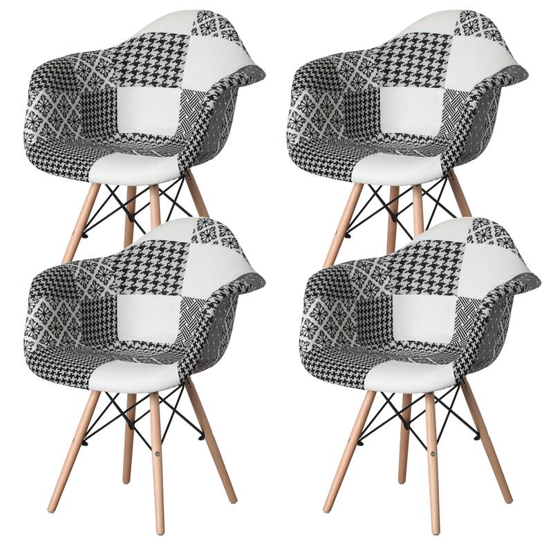 Mid-Century Modern Style Fabric Lined Armchair with Beech Wooden Legs - Black & White Set of 4