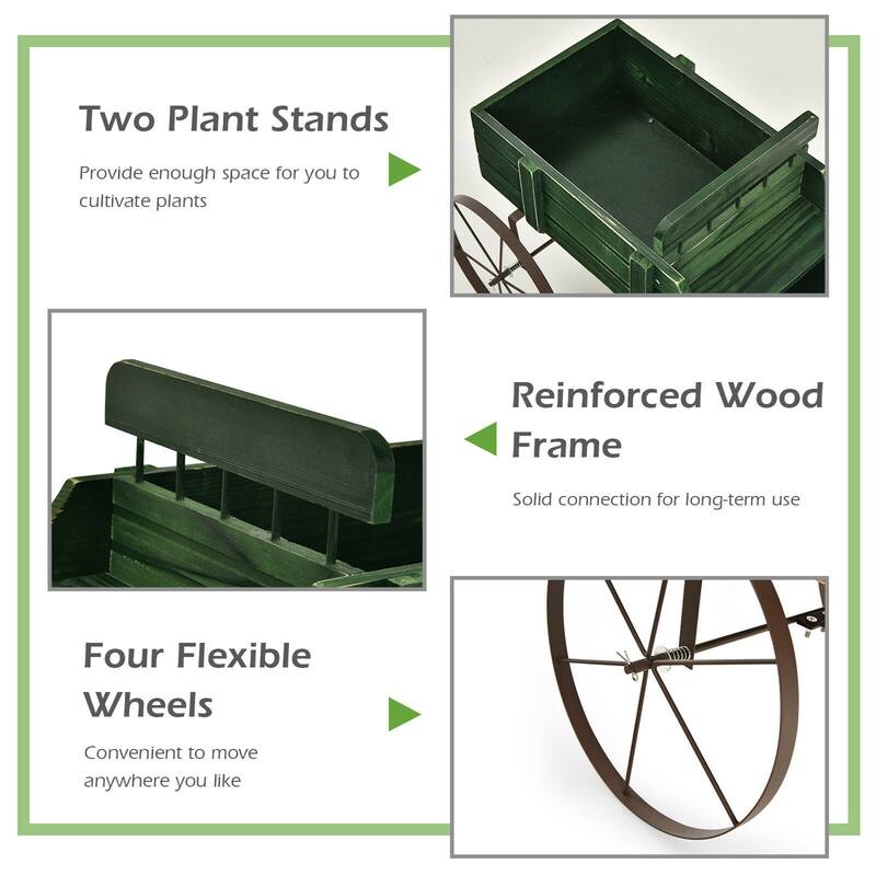 Gymax Garden Plant Planter Wooden Wagon Planter W/ Wheel Garden Yard - 24.5'' x 13.5'' x 24''