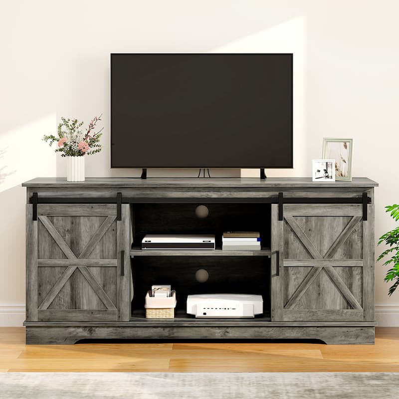 Moasis Farmhouse TV Stand with Barn Door Media Console Entertainment Center with Storage Cabinets - Grey