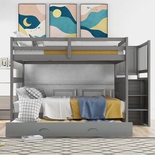 Full over Full Bunk Bed With Twin Size Trundle And Solid Safe Staircase ...