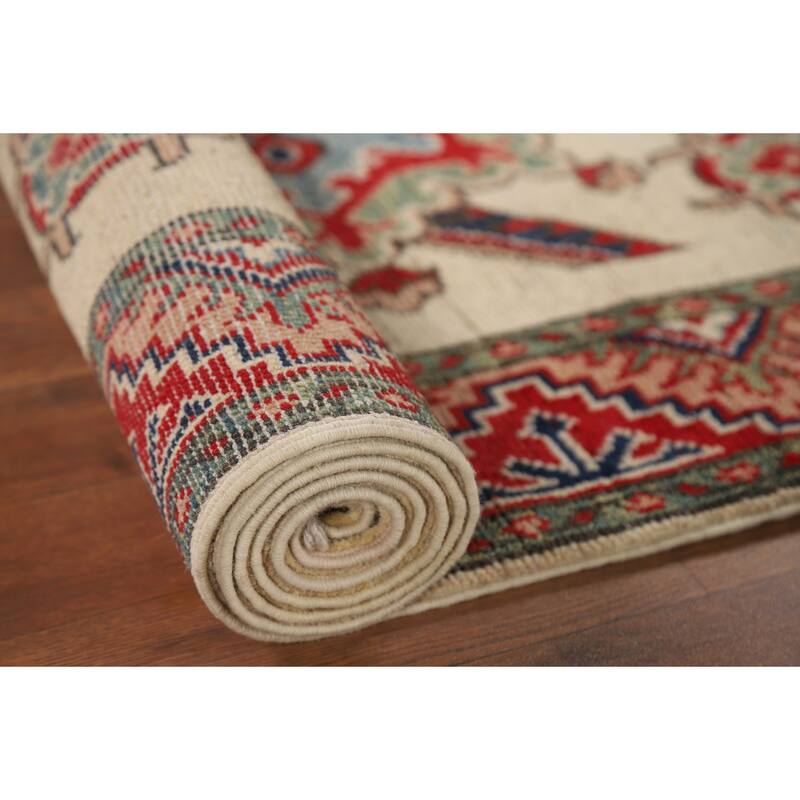 Hand Knotted Oriental 100% Wool Carpet Traditional Geometric Beige & Ivories Kazak Runner Rug - 12' 8'' X 2' 9''
