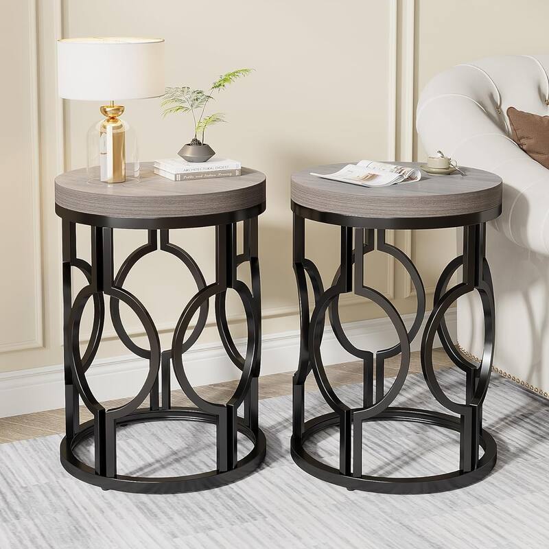 Wood Round End Side Table for Living Room Bedroom - 2 PCS - Grey