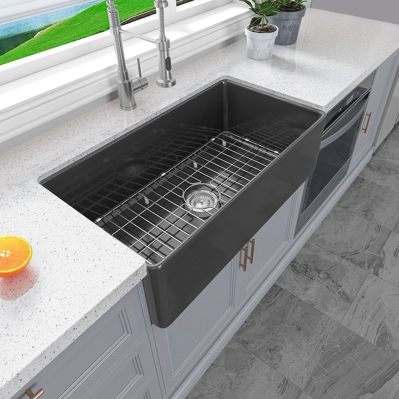 Sinber Farmhouse Apron Single Bowl Kitchen Sink with Fireclay White Finish