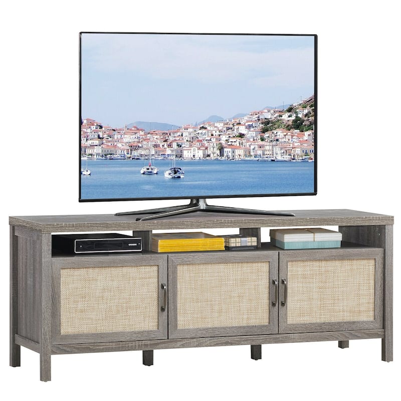 TV Entertainment Center for 65-Inch TVs with Solid Wood Legs and Shelves - 62" x 17.5" x 24.5" - Grey