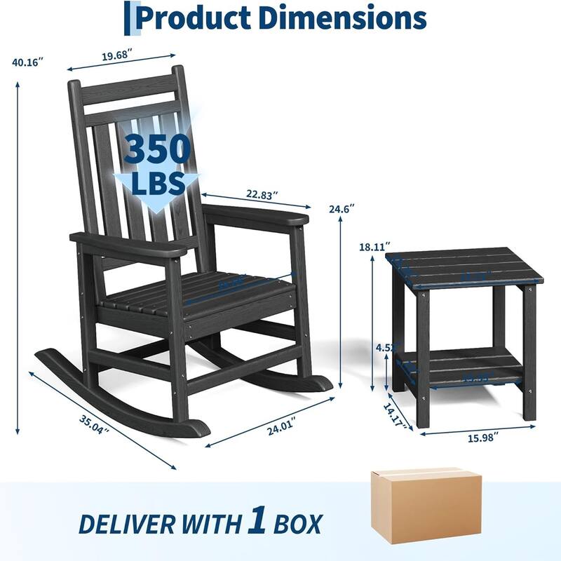2-Piece HDPE Rocking Chair Set with Table All-Weather High-Back Porch Rockers for Adults Black