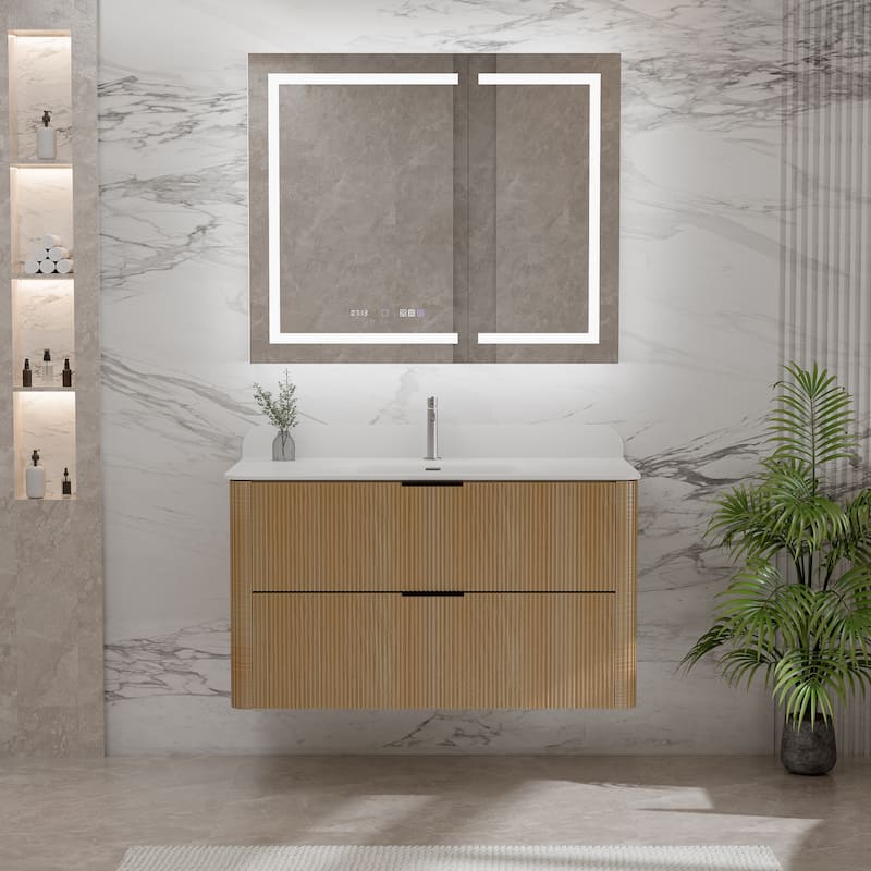 Modland Fluted Floating Vanity with Sink, Plywood Wall Mount Cabinet, Curved Edge, 24/30/36 Inch