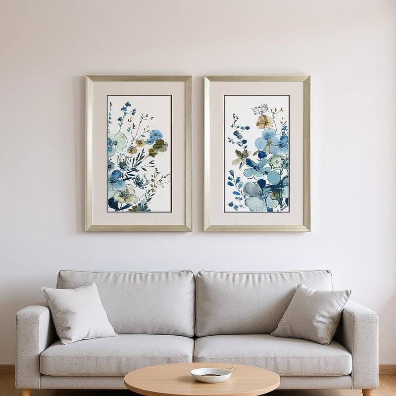 HomeRoots Set Of Two Blue Blossoming Silver Framed Wall Art - 21.00 in. x 33.00 in.  x 1.00 in.