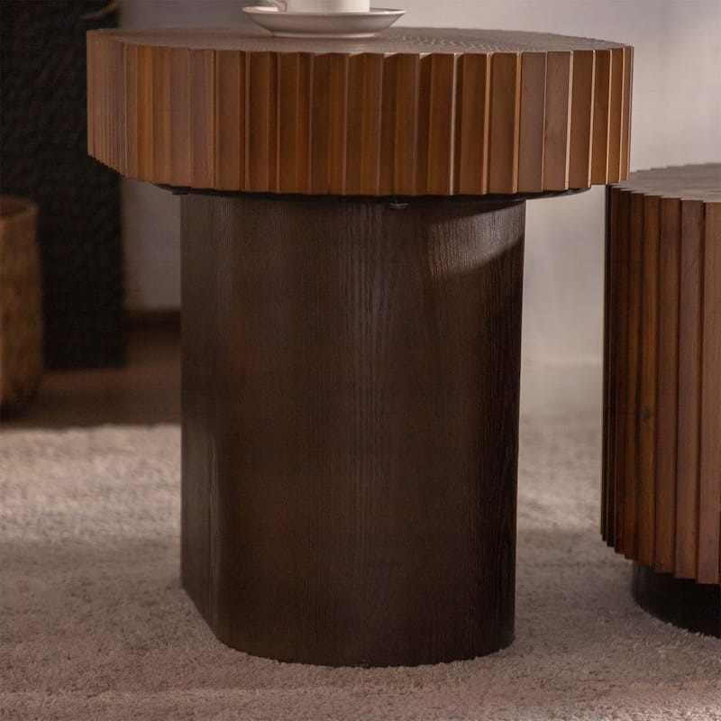 Handcraft Round Nesting Coffee Table Set of 2,Chic Wave Stripe Edge,for Living Room