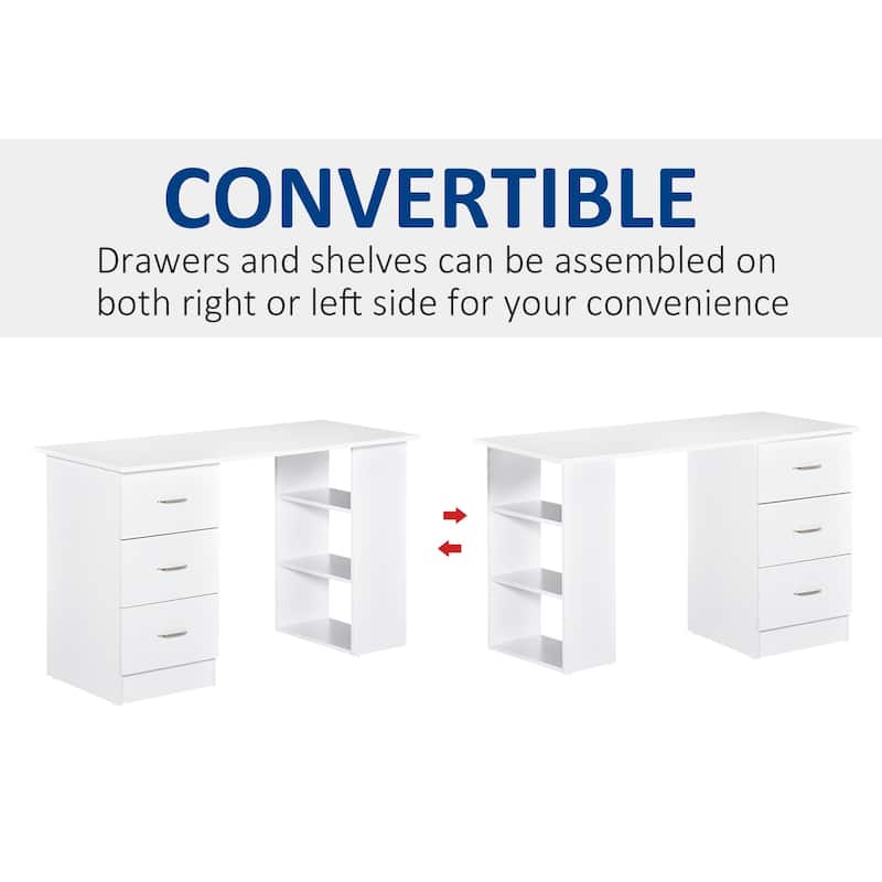 White MDF Desk with 3 Storage Drawers and Open Shelves for Home or Office