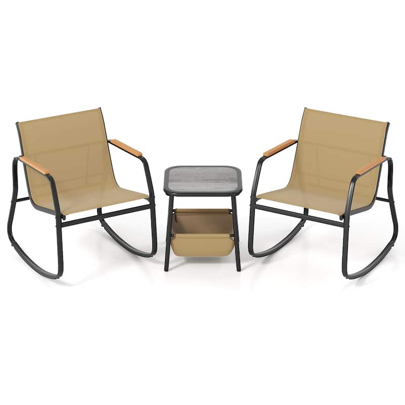 3 Piece Black-Brown Metal Fabric Patio Rocking Chairs with Table Storage - Chair: 29" x 24" x 29.5" - Brown-Black