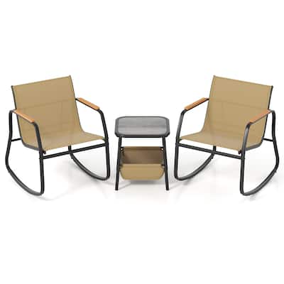 3 Piece Black-Brown Metal Fabric Patio Rocking Chairs with Table Storage - Chair: 29" x 24" x 29.5"