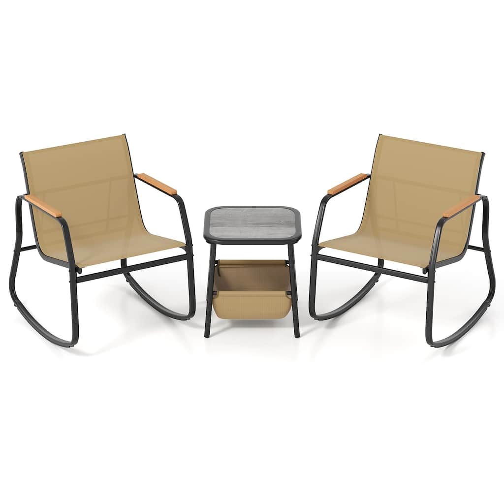 3 Piece Black-Brown Metal Fabric Patio Rocking Chairs with Table Storage - Chair: 29" x 24" x 29.5"