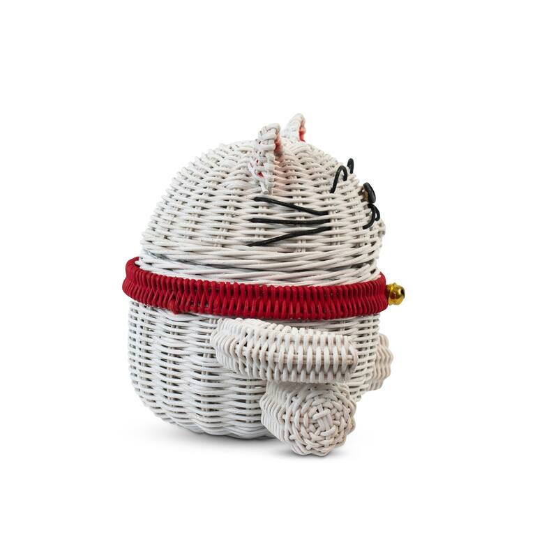 Lucky Cat Rattan Storage Basket with Lid Decorative Bin Home Decor Hand Woven Shelf Organizer Cute Handmade Handcrafted Gift