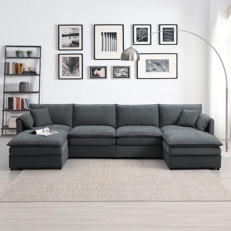 U Shaped Sectional Sofa with Double Cushions and Ottomans