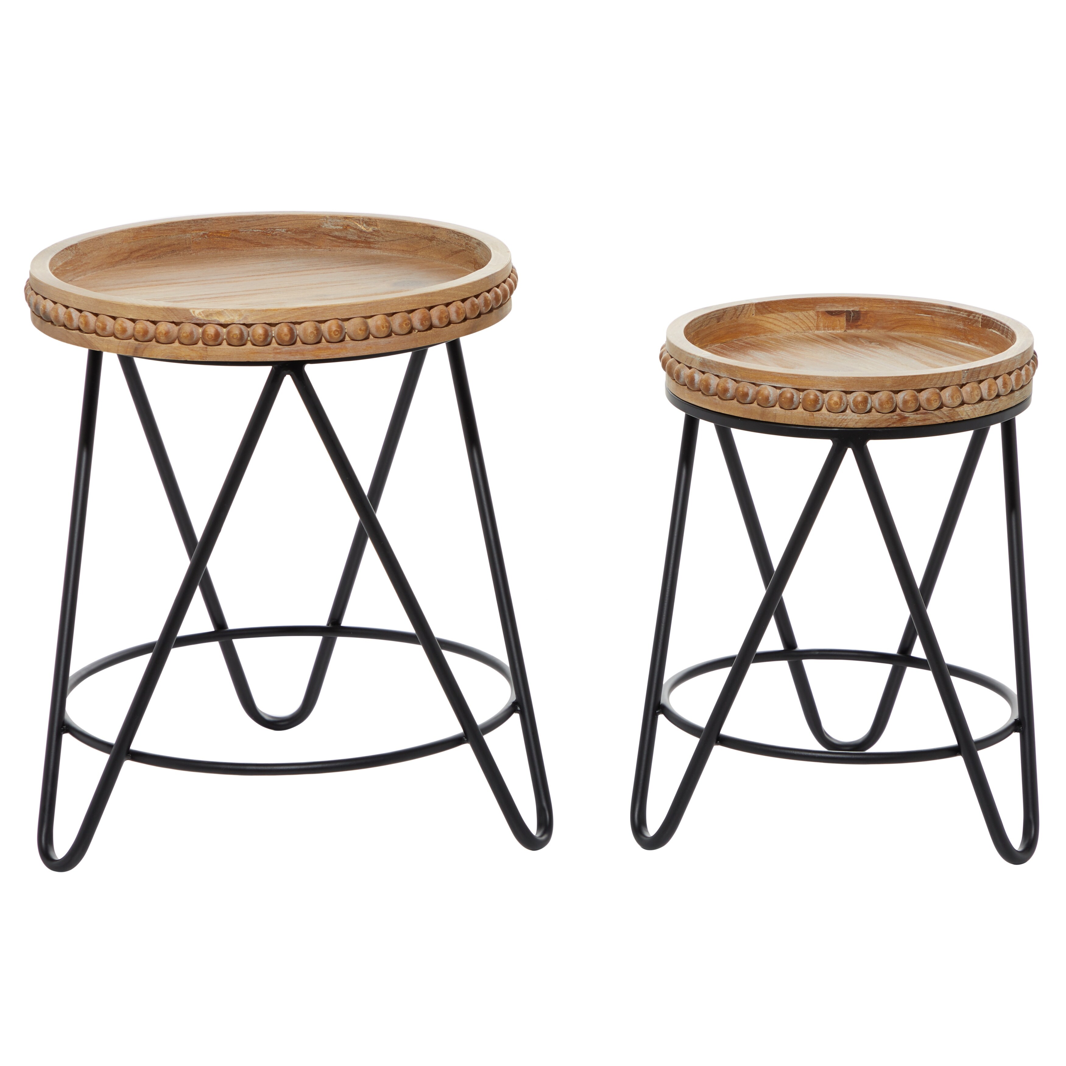 Round Wood Tray Top And Black Metal Accent Tables With Carved Beaded Side Detail Set Of 2 19 22 17 X 17 X 19 On Sale Overstock 32066172
