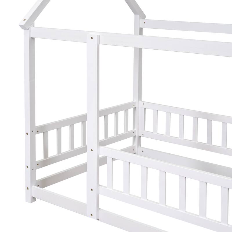 Twin Size Floor Wooden Bed with House Roof Frame