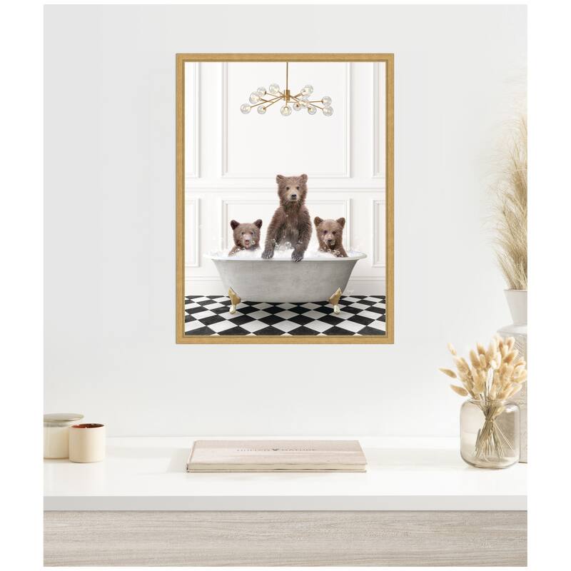 Kate and Laurel Sylvie Three Bears in Gray Bathtub on Checker Floor Framed Canvas by Amy Peterson