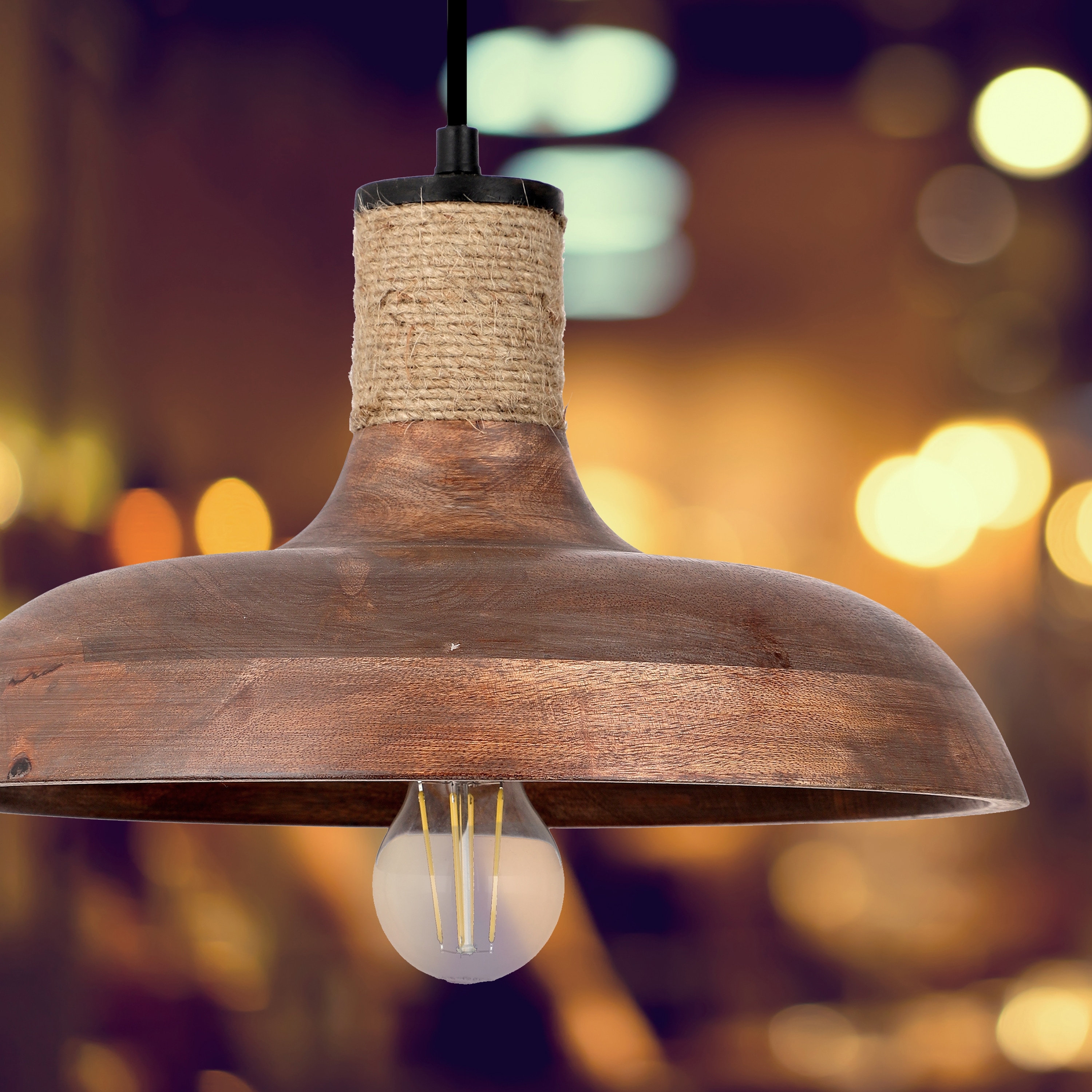 Danika 14 W Mango Wood and Jute Modern Dome Shaped Pendant Light
