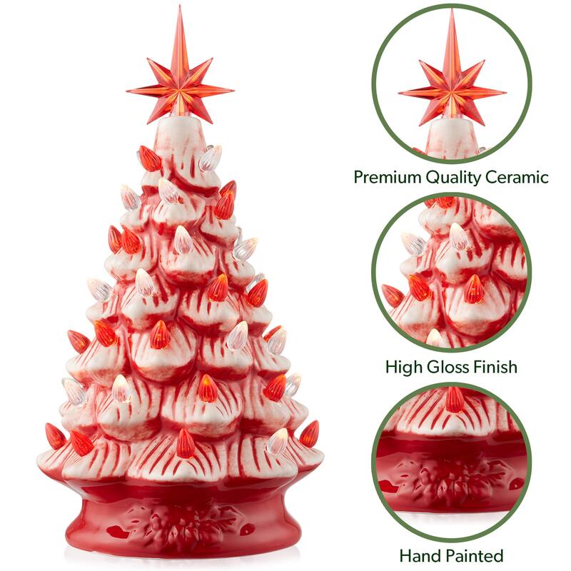 12in Hand Painted Ceramic Christmas Tree PreLit Tree with Star
