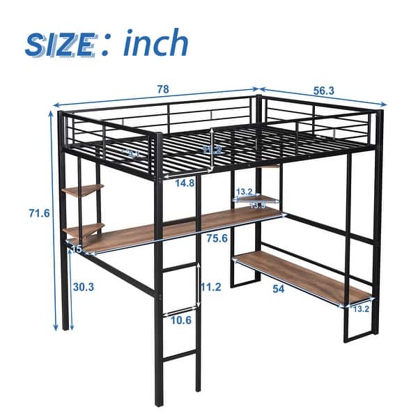 Black Full Size Metal Loft Bed with Long Desk and Shelves for Kids