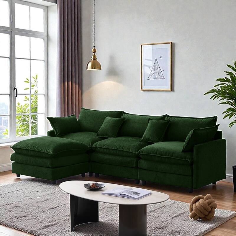 105" L-Shaped Modular Sectional Sofa with Ottoman, Soft Chenille Upholstery, 3-Seater Couch