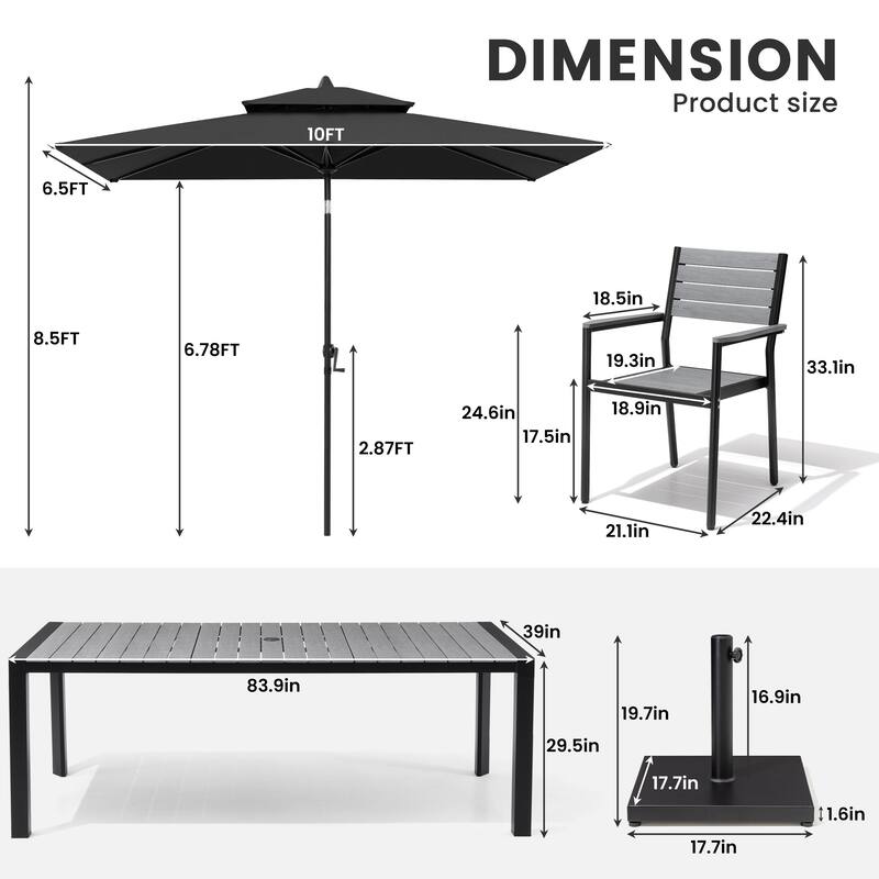 9/11-Piece Outdoor Patio Dining Set Aluminum Dining Table and Stackable Chairs w/10 ft Market Umbrella and Base