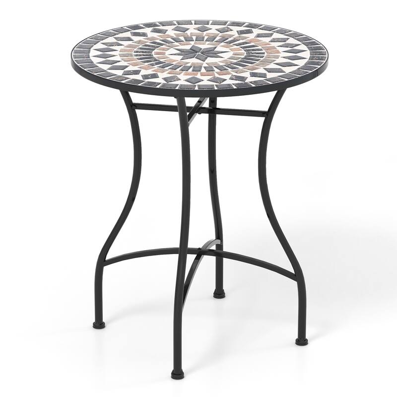 24" Mosaic Pattern Round Patio Bistro Table with Metal Frame and Concrete Top for Balcony or Yard - Design-C